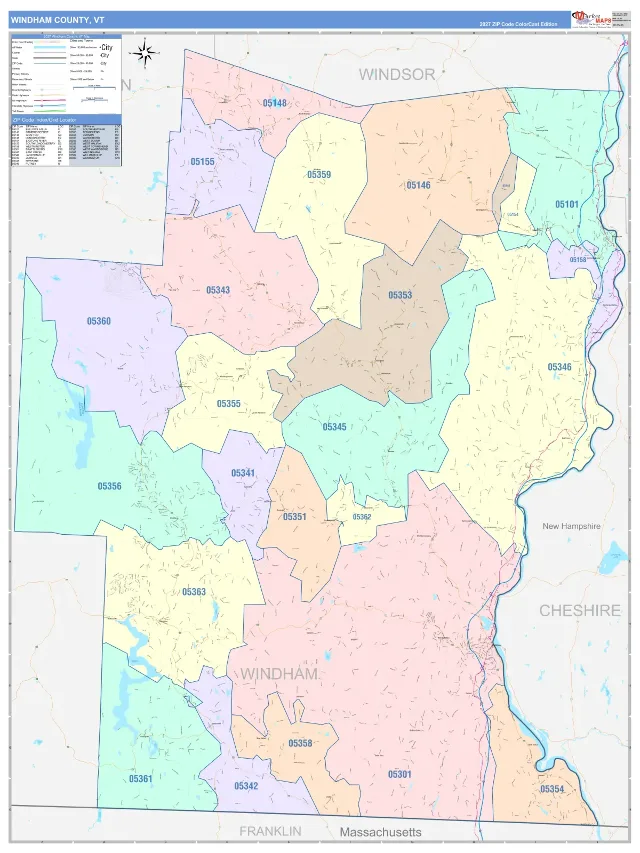 Windham County, VT ZIP Code Wall Map, ColorCast style