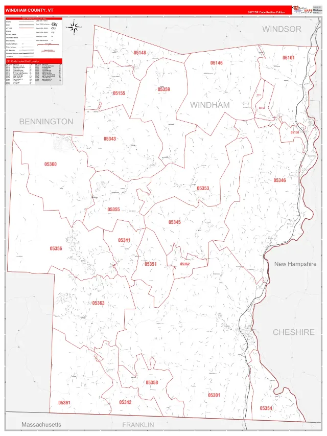 Windham County, VT ZIP Code Wall Map, RedLine style