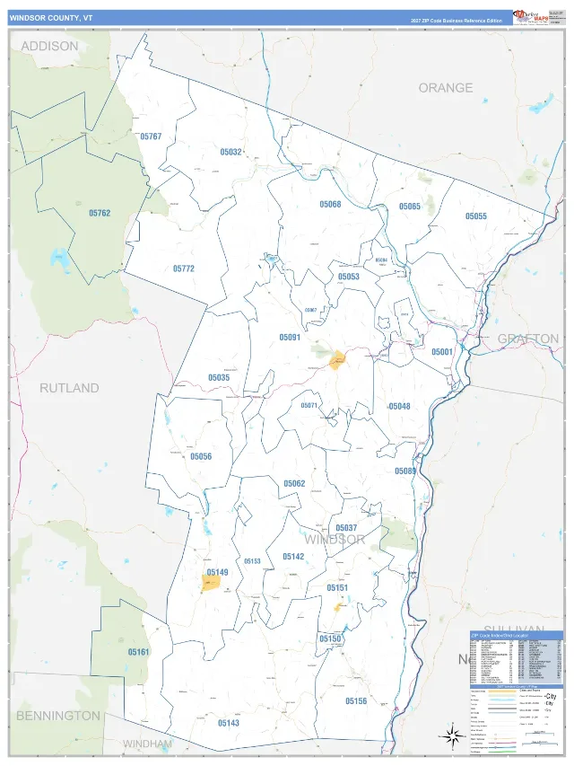 Windsor County, VT ZIP Code Wall Map, Business Reference style