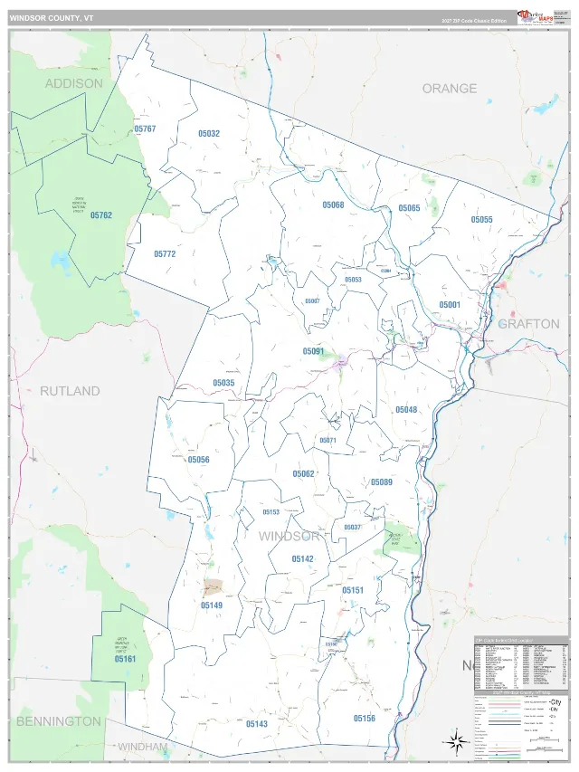 Windsor County, VT ZIP Code Wall Map, Classic style