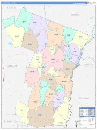 Windsor County, VT ColorCast style ZIP Code wall map