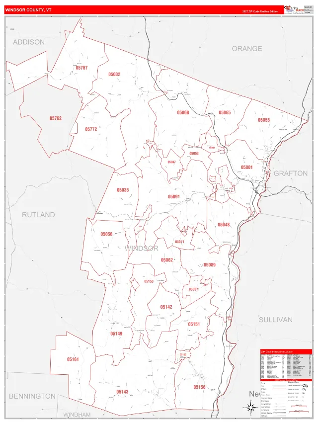 Windsor County, VT ZIP Code Wall Map, RedLine style