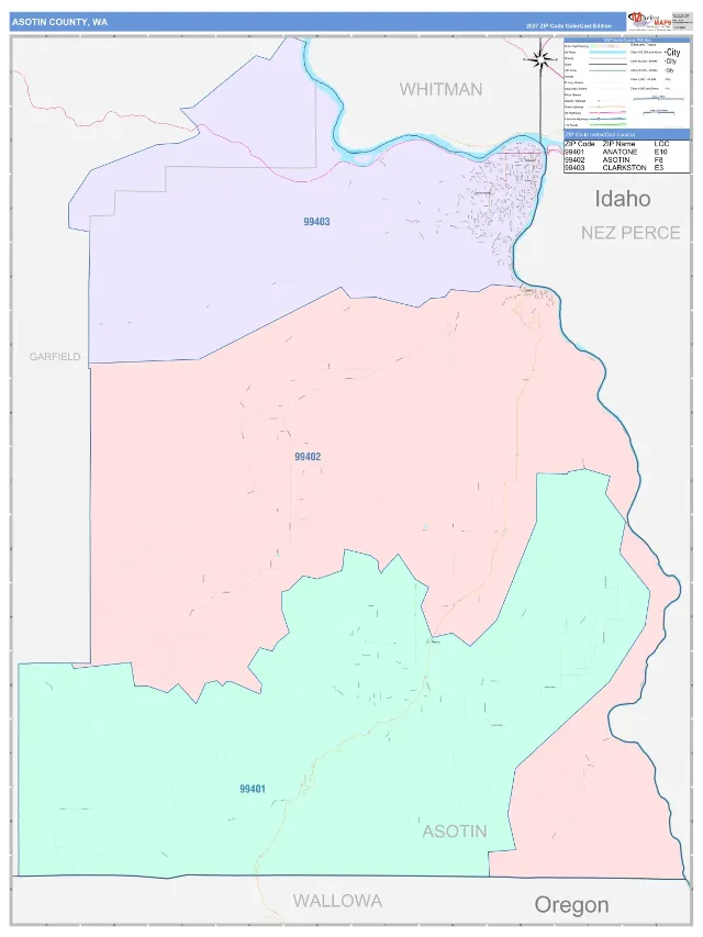 Asotin County, WA ZIP Code Wall Map, ColorCast style