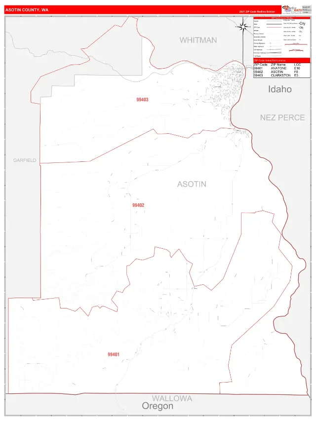 Asotin County, WA ZIP Code Wall Map, RedLine style