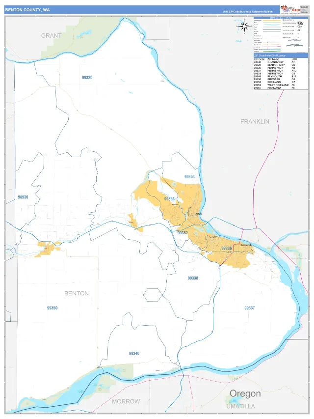 Benton County, WA ZIP Code Wall Map, Business Reference style