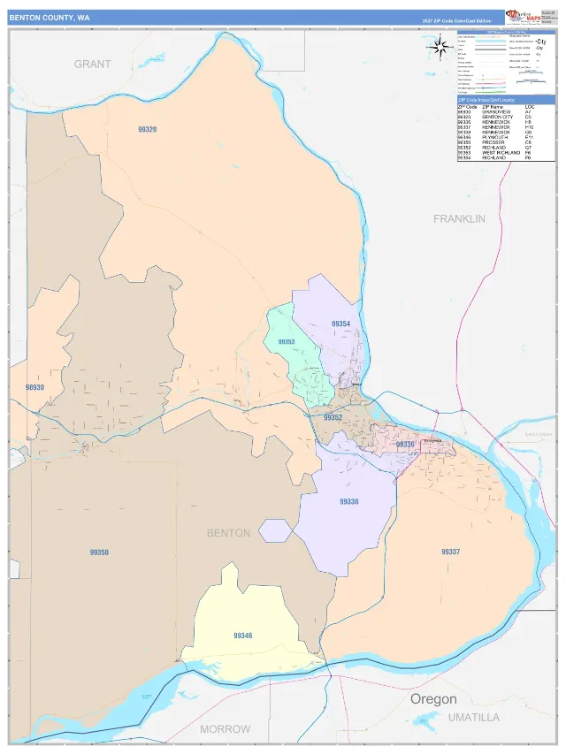 Benton County, WA ZIP Code Wall Map, ColorCast style