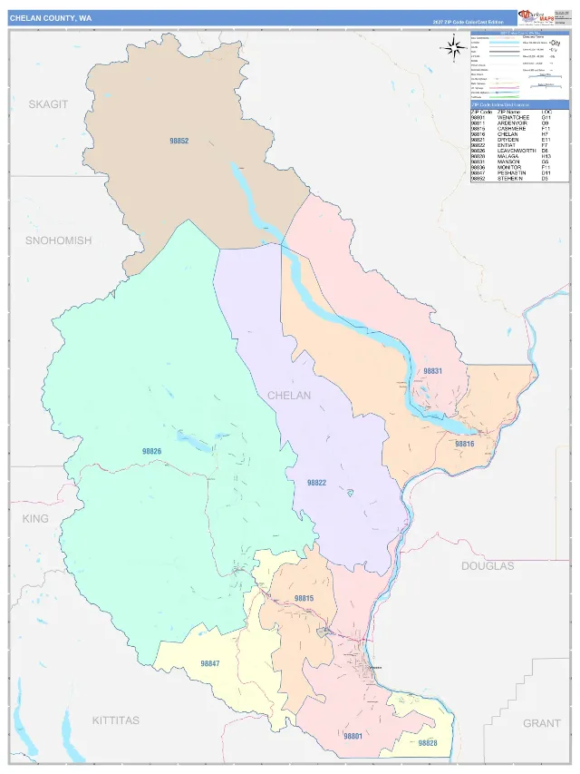 Chelan County, WA ZIP Code Wall Map, ColorCast style