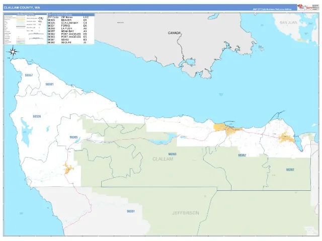 Clallam County, WA ZIP Code Wall Map, Business Reference style