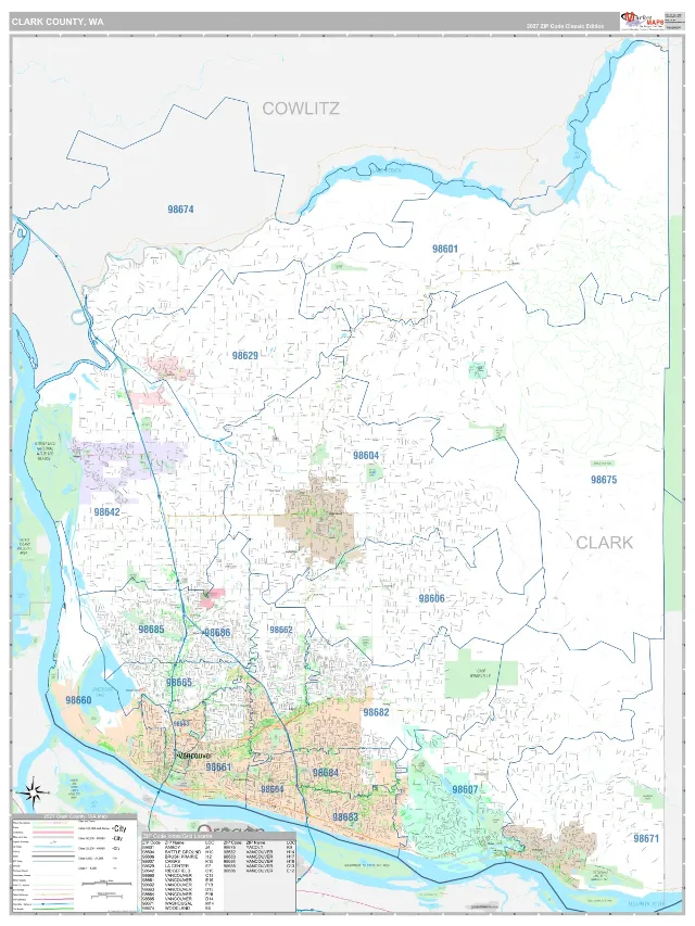 Clark County, WA ZIP Code Wall Map, Classic style