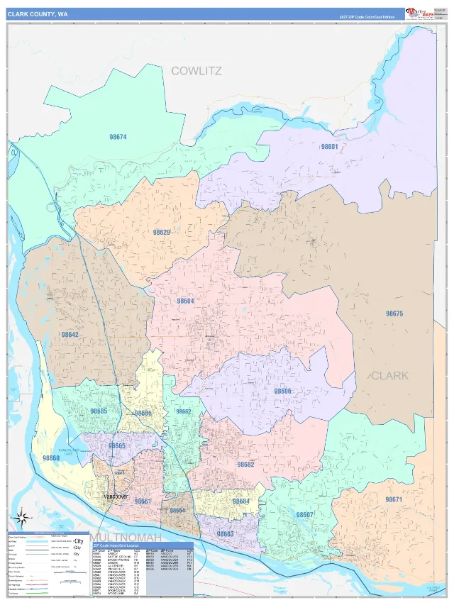 Clark County, WA ZIP Code Wall Map, ColorCast style
