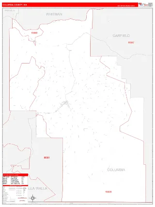 Columbia County, WA RedLine style ZIP Code wall map