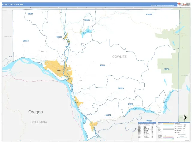 Cowlitz County, WA ZIP Code Wall Map, Business Reference style