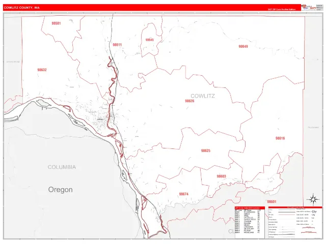 Cowlitz County, WA ZIP Code Wall Map, RedLine style