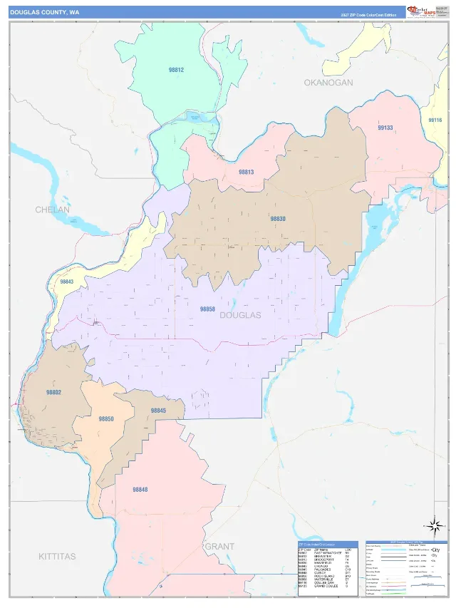 Douglas County, WA ZIP Code Wall Map, ColorCast style