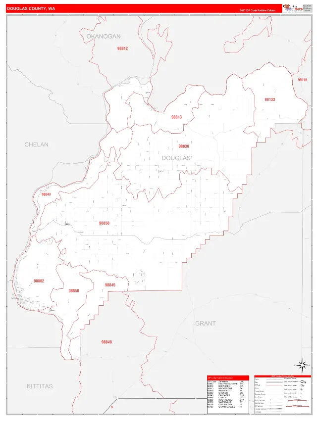 Douglas County, WA ZIP Code Wall Map, RedLine style