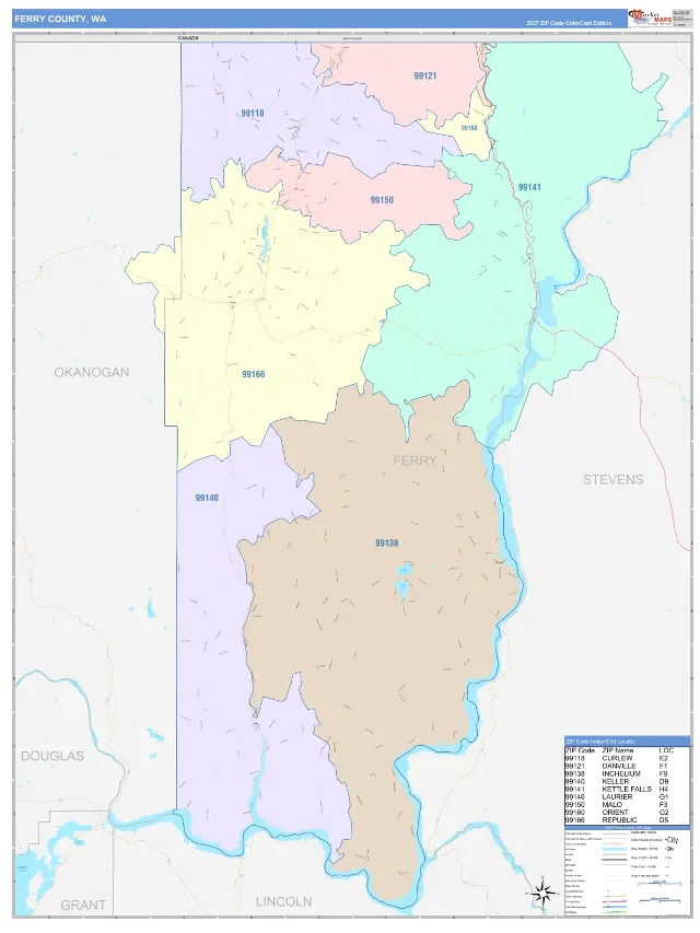 Ferry County, WA ZIP Code Wall Map, ColorCast style