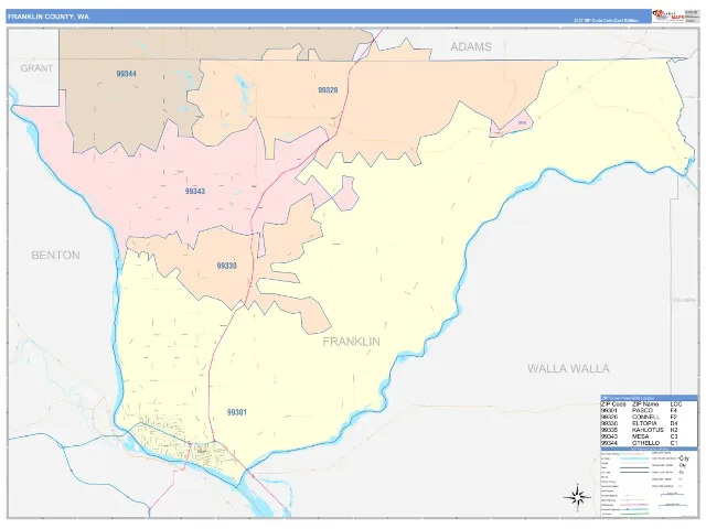 Franklin County, WA ZIP Code Wall Map, ColorCast style