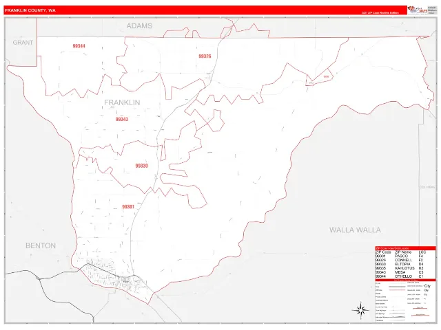 Franklin County, WA ZIP Code Wall Map, RedLine style
