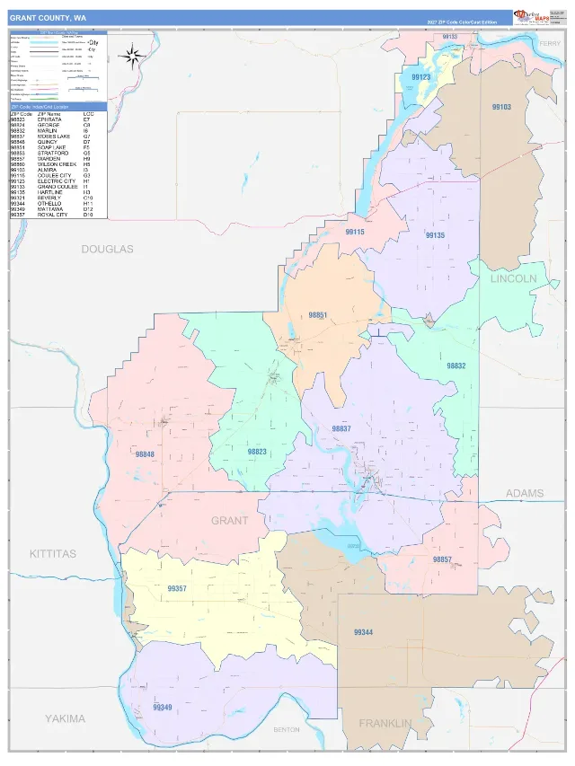 Grant County, WA ZIP Code Wall Map, ColorCast style