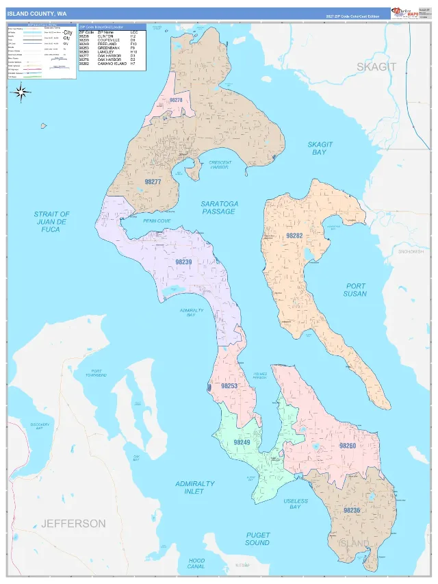 Island County, WA ZIP Code Wall Map, ColorCast style