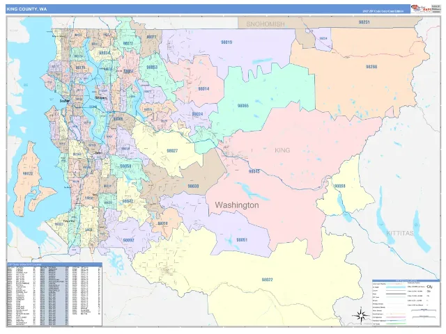 King County, WA ZIP Code Wall Map, ColorCast style