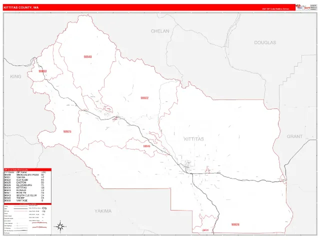 Kittitas County, WA ZIP Code Wall Map, RedLine style