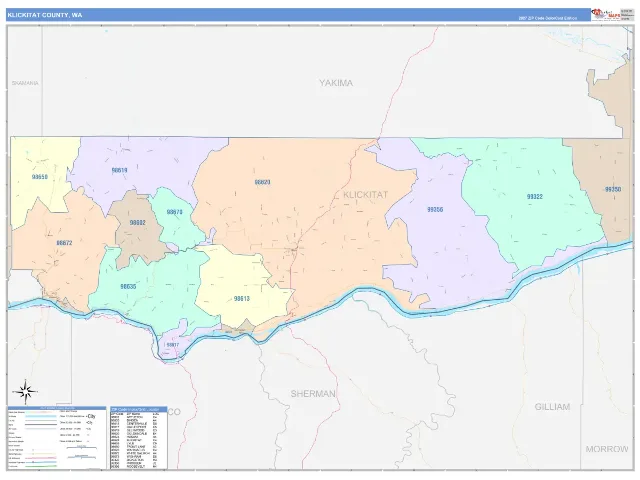 Klickitat County, WA ZIP Code Wall Map, ColorCast style