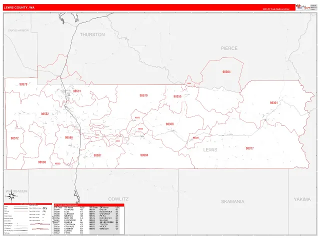 Lewis County, WA ZIP Code Wall Map, RedLine style