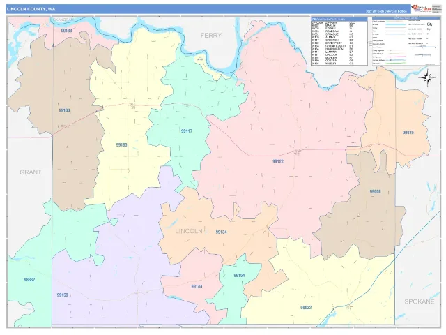 Lincoln County, WA ZIP Code Wall Map, ColorCast style