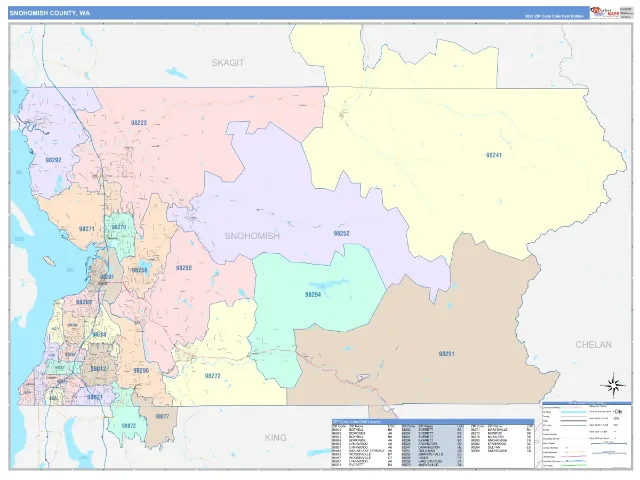 Snohomish County, WA ZIP Code Wall Map, ColorCast style