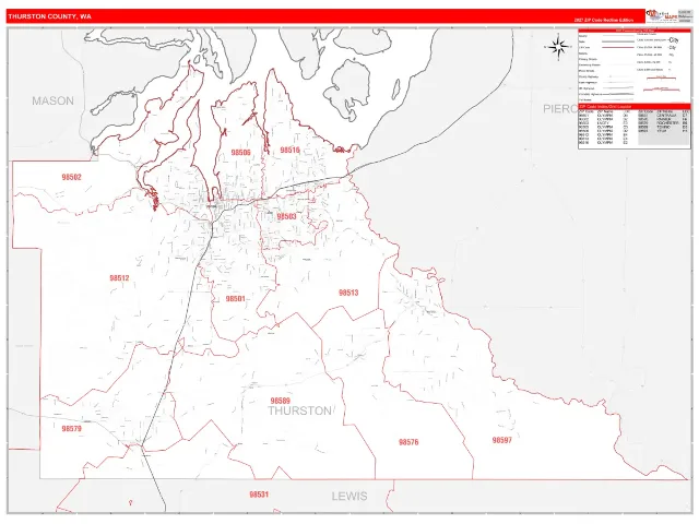 Thurston County, WA ZIP Code Wall Map, RedLine style