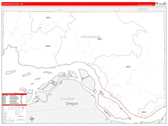 Wahkiakum County, WA ZIP Code Wall Map, RedLine style