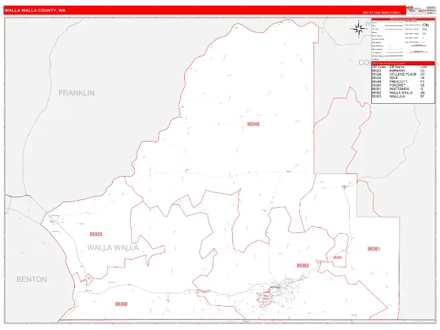 Walla Walla County, WA ZIP Code Wall Map, RedLine style
