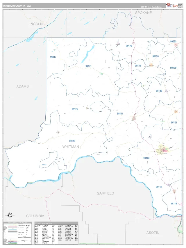 Whitman County, WA ZIP Code Wall Map, Classic style