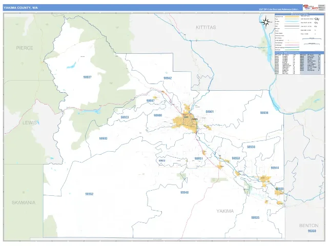 Yakima County, WA ZIP Code Wall Map, Business Reference style