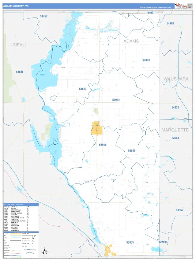 Adams County, WI ZIP Code Wall Map, Business Reference style