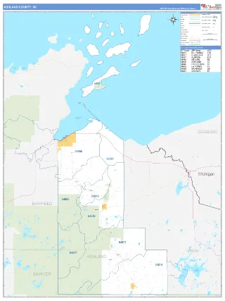 Ashland County, WI Business Reference style ZIP Code wall map