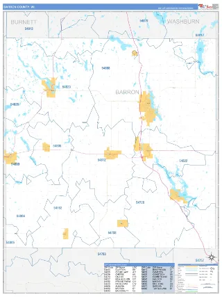 Barron County, WI Business Reference style ZIP Code wall map