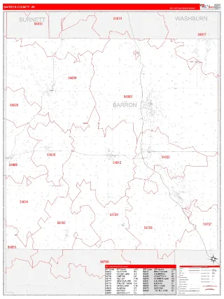 Barron County, WI RedLine style ZIP Code wall map