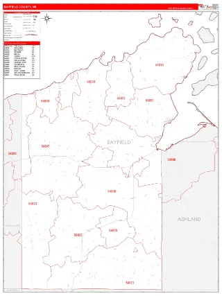 Bayfield County, WI RedLine style ZIP Code wall map