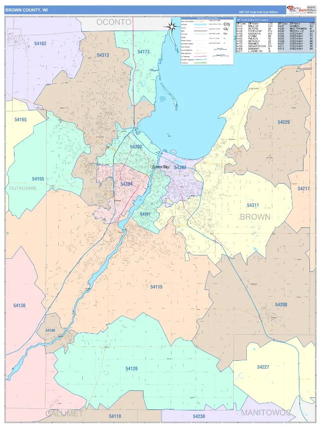 Brown County, WI ZIP Code Wall Map, ColorCast style