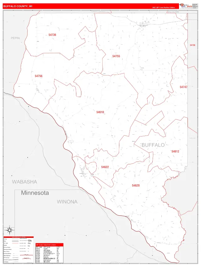 Buffalo County, WI ZIP Code Wall Map, RedLine style