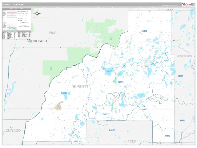 Burnett County, WI ZIP Code Wall Map, Classic style
