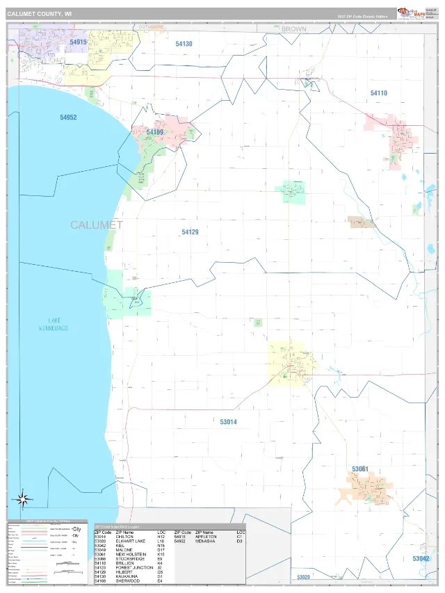 Calumet County, WI ZIP Code Wall Map, Classic style