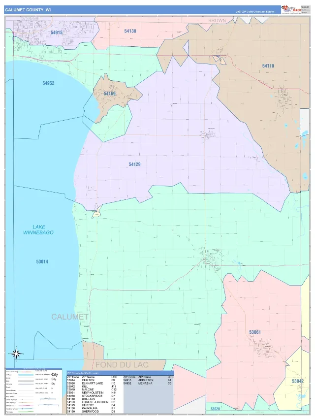 Calumet County, WI ZIP Code Wall Map, ColorCast style
