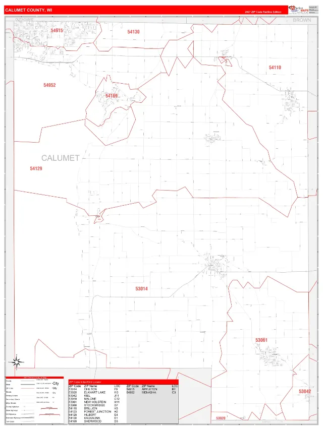 Calumet County, WI ZIP Code Wall Map, RedLine style