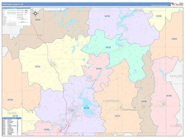 Chippewa County, WI ZIP Code Wall Map, ColorCast style