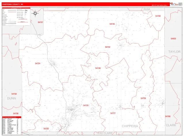 Chippewa County, WI ZIP Code Wall Map, RedLine style