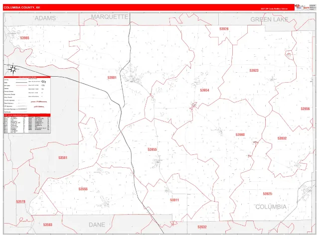 Columbia County, WI ZIP Code Wall Map, RedLine style
