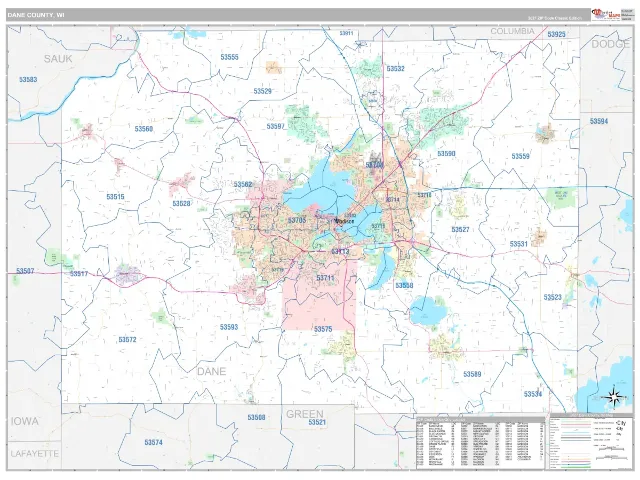 Dane County, WI ZIP Code Wall Map, Classic style